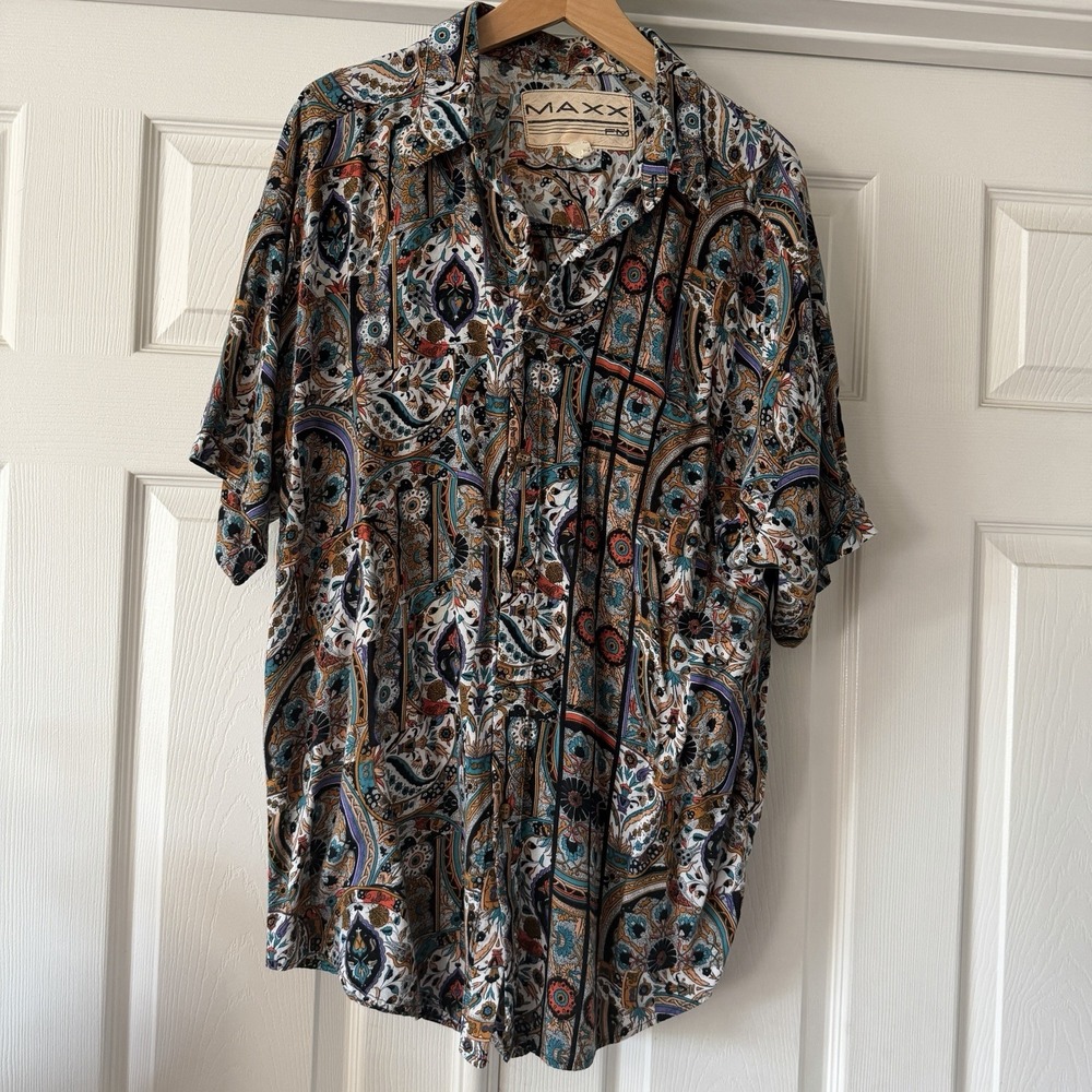 Vintage 90s MAXX FM Rayon Paisley Shirt Large Made USA Boho Abstract Button Up